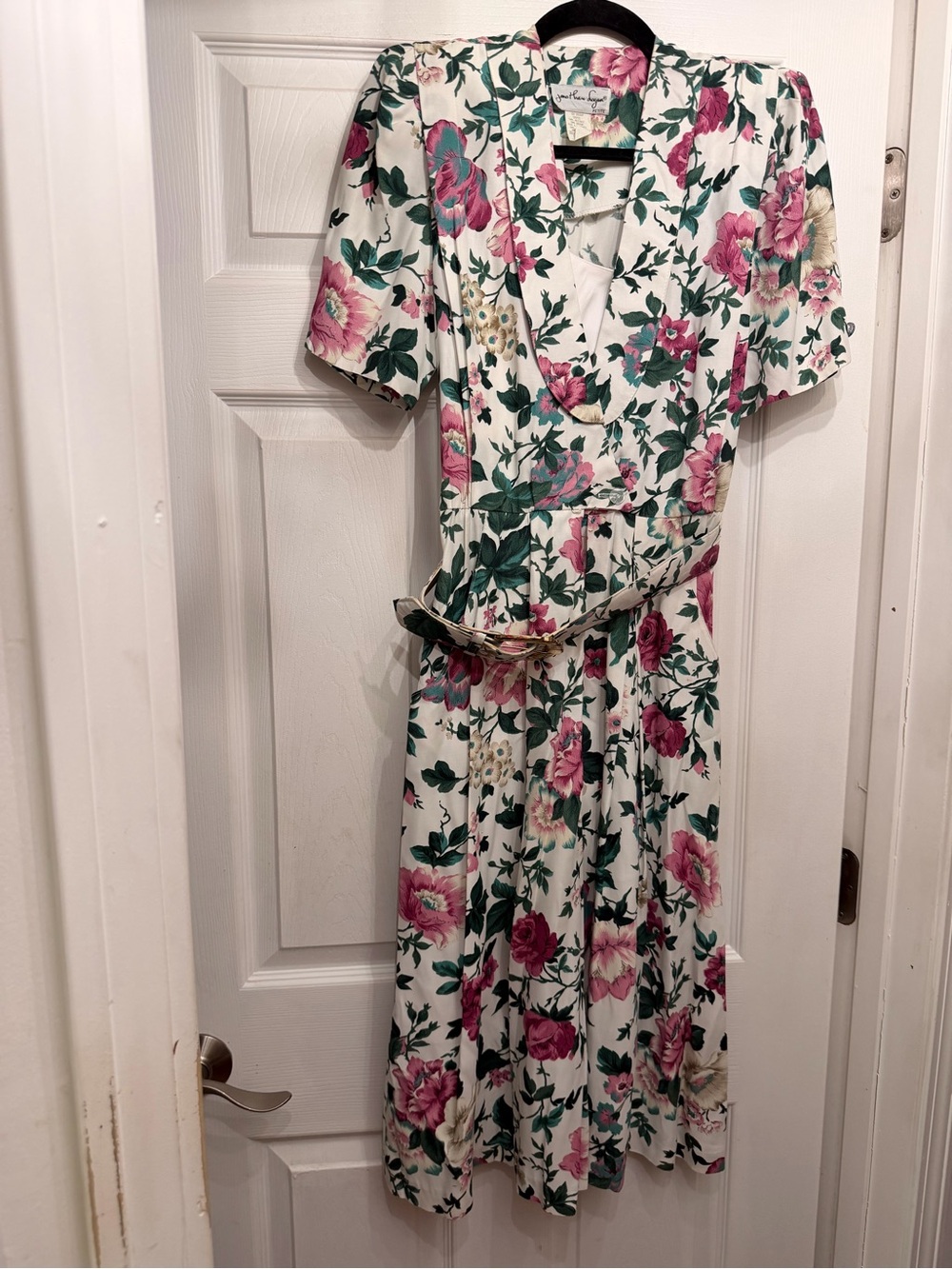 Vintage new without tags Floral V-Neck White Midi Dress with Pink & Green Print